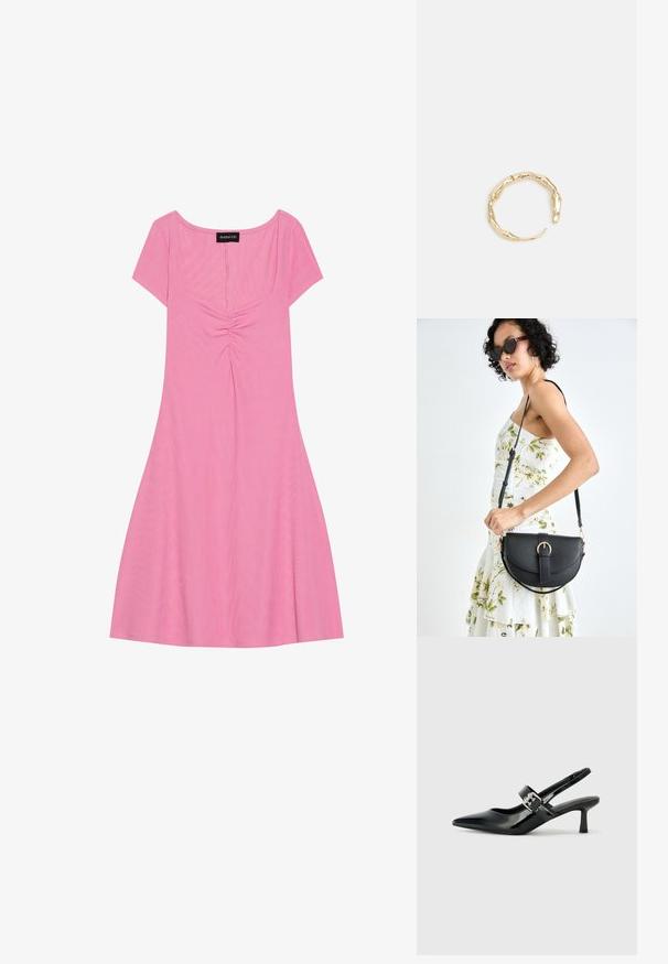 Rožinė trumpomis rankovėmis suknelė su kvadratiniu iškirpimu, su surinkimo detale priekyje ir laisvai krintančia sijona. Pagaminta iš minkštos, raukšlėtos medžiagos.; Juodai lakuoti slingback aukštakulniai su smailiu kojų pirštu ir mažais blokiniais kulniukais, su sidabro sagtimi ant dirželio.; Juodas odinis krepšys su išlenkta forma, nuimamu dirželiu ir auksiniais detalėmis. Krepšys turi kilpą su sagtimi.; Auksinės spalvos žiedas, turintis organišką, sukimosi dizainą su lygiu paviršiumi ir siaurėjančiais galais, sukuriantis modernią skulptūrinę išvaizdą.