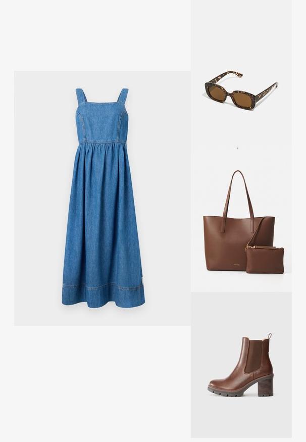 Džínové šaty s čtvercovým výstřihem, širokými ramínky a nařaseným pasem. Dlouhé až na zem s mírně rozšířenou siluetou a viditelnými švy.; Hnědé kožené kotníkové boty s elastickými bočními panely, zaoblenou špičkou a texturovaným blokovým podpatkem. Disponují poutkem pro snadné obouvání.; Sluneční brýle ve skořápce želvy s kulatým, širokým rámem a hnědými čočkami. Mají jemné vzory a rovné, zúžené stranice.; Hnědá taška z umělé kůže s dvěma dlouhými uchy a odpovídajícím malým pouzdrem. Povrch má texturovaný vzor a zlaté kovové prvky.