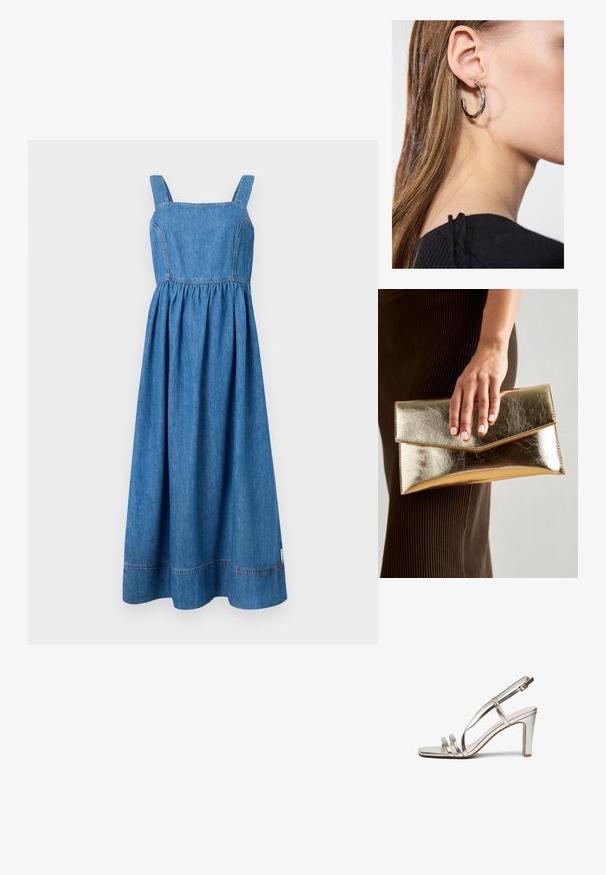 Jeansklänning med fyrkantig halsringning, breda axelband och samlad midja. Golvlång med en lätt utsvängd silhuett och synliga sömnadsdetaljer.; Metallisk silver högklackad sandal med öppen tå, med tre tunna remmar över foten och en ankelslinga med spänne.; Gyllene metallisk kuvertväska med en slät yta, försedd med en triangulär flikstängning. Den hand som håller den har välvårdade naglar.; Silverörhänge med polerad yta, med små detaljer i guld och rund form, bärs på loben.