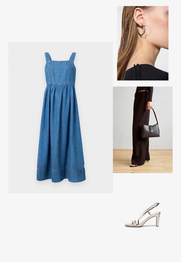 Denimkleit ruudukujulise kaeluse, laiade rihmade ja kogutud vöökohta. Põrandani ulatuv kergelt laienev siluett, nähtavad õmblustasandid.; Metallilise hõbedase värvi kõrge kontsaga sandaal avatud varbaga, millel on jalas kolm õhukest rihma ja pahkluuring koos kinnitusega.; Must musta kott, millel on struktureeritud kuju, sile tekstuur ja metallist klamber. Kombineeritud laiate mustade pükstega ja avatud varvaste sandaalidega puidust põrandal.; Hõbedane rõngas kõrvarõngas poleeritud viimistlusega, millel on väikesed kuldsed aktsendid ja ümmargune kuju, kantud lobus.