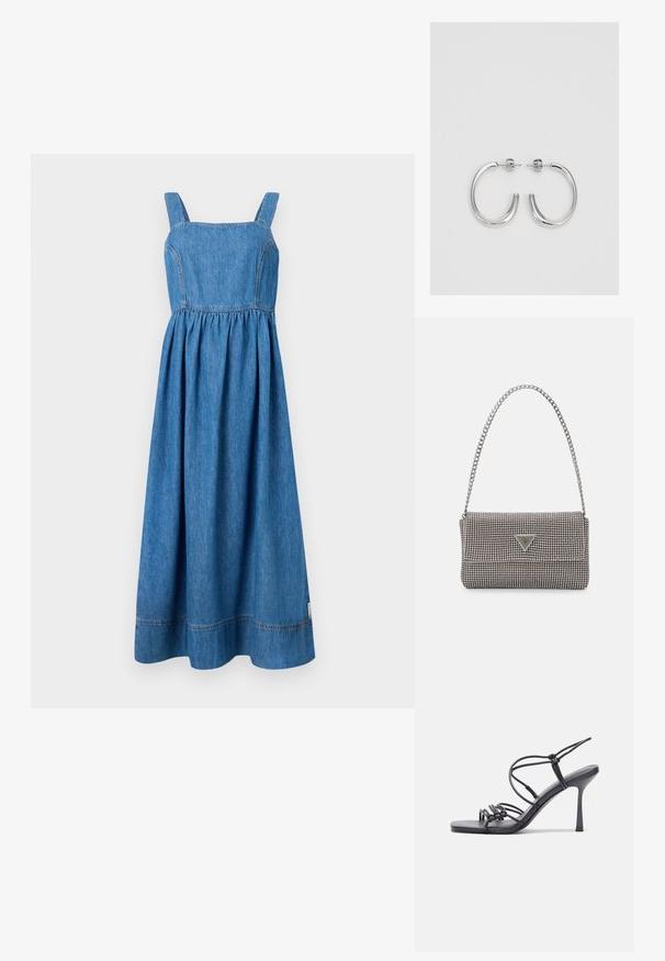 Denimkleit ruudukujulise kaeluse, laiade rihmade ja kogutud vöökohta. Põrandani ulatuv kergelt laienev siluett, nähtavad õmblustasandid.; Mustad musta värvi kontsandaalid on varustatud peente rihmadega, millel on sõlmekujundus, siledad ruudukujulised varbad ja stiilne stilettokonts.; Helehall metallik handbags, millel on kett, kaunistatud väikeste ümmarguste metallist õmblustega ja kolmnurkse brändi logoga.; Hõbedased rõngaskõrvarõngad, millel on sile ja läikiv pind. Ümar kuju, kerge disain, millel on post-tagumise kinnituse süsteem.