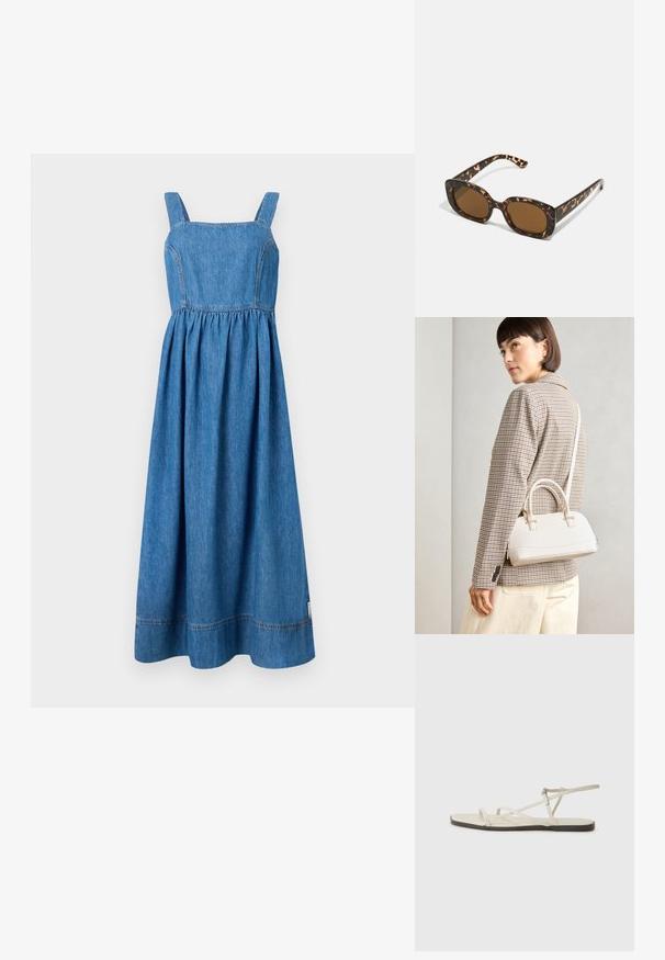 Denim-mekko, jossa on neliönmuotoinen pääntie, leveät olkaimet ja ryhmitelty vyötärö. Lattiaan ulottuva, hieman levenevä siluetti ja näkyvät ompeluyksityiskohdat.; Beige litte sandaalit, joissa on useita hoikkia hihnoja ja säädettävä solki. Pohja on litteä, ja reunassa on kevyt tumma kontrasti.; Kaurisilmät, joissa on pyöreä, jämäkkä kehys ja ruskeat linssit. Ominaisuuksiin kuuluvat hillityt kuviot sekä suorat, kapenevat sangan osat.; Valkoinen rakenteellinen käsilaukku, jossa on lyhyet kahvat ja olkahihna, varustettu kultaisilla metalliosilla ja tekstuurilla, esillä harmaata taustaa vasten.