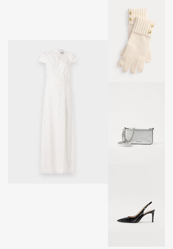 Vestido maxi branco com mangas curtas em formato de capa, decote V profundo, design envolvente e padrão texturizado subtil. Tecido suave com uma silhueta fluida.; Sandal com salto em verniz preto, bico fino, salto esguio e um design de recorte subtil. Apresenta uma fivela dourada na alça.; Bolsa crossbody de couro prateada com um acabamento texturizado, detalhes em corrente e alça, e fecho de zíper. Apresenta um logotipo na parte da frente.; Luvas de lã creme com punhos canelados, apresentando dois botões decorativos dourados no topo de cada punho. Textura suave com aberturas para os dedos.