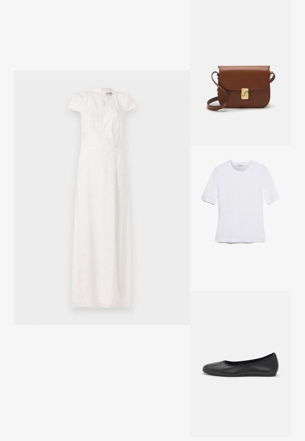 Bílá maxi šaty s krátkými rukávky, hlubokým V-výstřihem, zavinovacím designem a jemným texturovaným vzorem. Měkká tkanina s volným střihem.; Bílá tričko s krátkým rukávem vyrobené z žebrované tkaniny. Kulatý výstřih, normální střih a jemné detaily šití. Bez vzorů nebo grafik.; Černé kožené baletní byty s kulatou špičkou, hladkou texturou, minimálními švy a flexibilním designem podrážky.; Hnědá kožená kabelka s klopou, zlatými kovovými detaily, ramenním popruhem a hladkým povrchem. Kompaktní obdélníkový tvar.