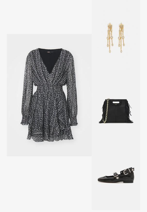 Czarna mini sukienka z długim rękawem, w mały biały kwiatowy wzór, dekolt w kształcie V, elastyczne ściągnięcie w talii oraz falbany u dołu i na mankietach.; Czarne lakierowane baleriny z kwadratowym noskiem, z paskiem na kostkę z metalowymi elementami w kolorze srebrnym oraz płaską podeszwą. Gładka textura i minimalistyczny design.; Czarna skórzana torebka na ramię z frędzlami, złotym łańcuszkiem oraz wyciętym uchwytem. Posiada umieszczone na przodzie logo.; Złote kolczyki z wieloma kaskadowymi łańcuszkami, z przezroczystymi owalnymi akcentami z rhinestone'ów oraz ozdobnymi sztyftami.