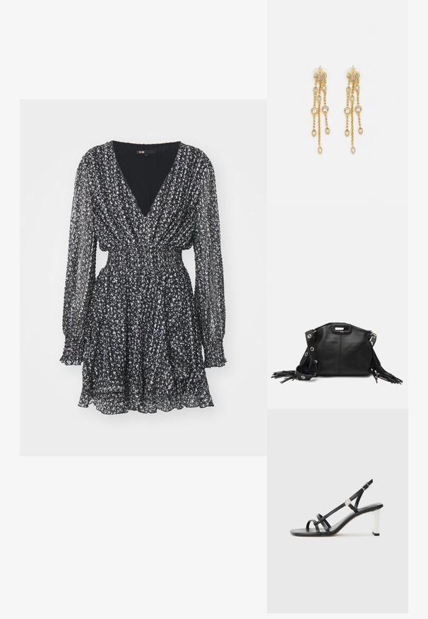 Sort langærmet mini-kjole med små hvide blomsterprint, V-hals, elastisk snøretalje og flæsekanter ved nederst og ved ærmerne.; Sorte hælede sandaler med flere smalle remme, et slingback-design og en sølvaccent på hælen. Glat overflademateriale og firkantet hæl.; Maje MISS MINI - Skuldertasker - noir; Guldtonede øreringe med flere kaskadende kæder, der har klare ovale rhinestein-accenter og dekorative studtoppe.