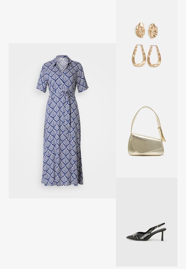 Kleita ar īsām piedurknēm tumši zilā krāsā ar baltu lapu rakstu, ar apkakles veida dekoltē un sasietu jostu, un plūstošu, līdz ceļgaliem garu svārku.; Melnā patentēta ādas sandale ar norādītu purngalu, potītes siksniņām ar sudraba sprādzēm un aparatūru, kā arī smalku papēdi.; Zelta metāla somiņa ar strukturētu dizainu, gludu tekstūru un regulējamu siksniņu. Iezīmējas ar unikālu trīsstūrveida formu un minimālistisku šuvumu.; Zelta krāsas auskari ar teksturētām, viļņotām formām. Iekļauts skulpturāls piespraužams modelis un atvērta gredzenveida konstrukcija ar izsistām virsmām.