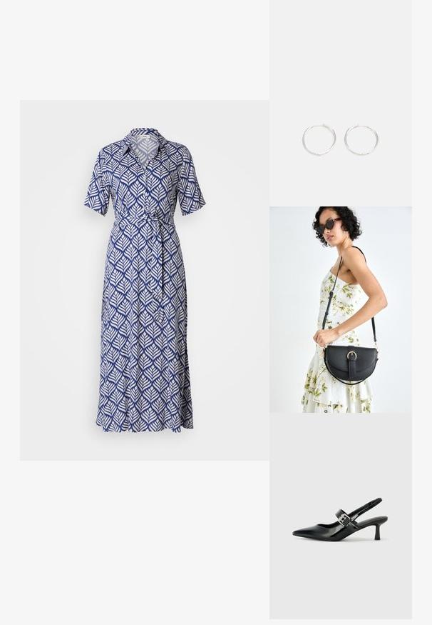 Tengernadrágú, tengerészkék ruha fehér levélmintával, galléros nyakkal és megkötős derékkal, lágy, térdhosszig érő szoknyával.; Fekete lakkbőr slingback sarkú cipők hegyes orral és kis blokk talppal, ezüst csat díszítéssel a pánton.; Fekete bőrtáska ívelt formával, levehető pánttal és arany színű fémrészekkel. A táskán egy csattal díszített fedél található.; Ezüst karika fülbevalók, letisztult, kerek formával, sima felülettel és látható díszítés nélkül. A átmérő nem megadott.