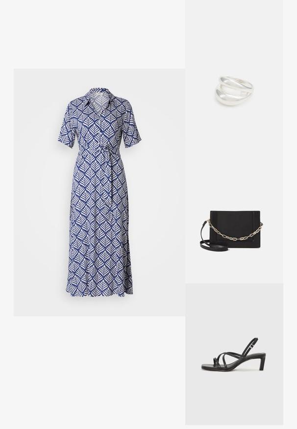 Kleita ar īsām piedurknēm tumši zilā krāsā ar baltu lapu rakstu, ar apkakles veida dekoltē un sasietu jostu, un plūstošu, līdz ceļgaliem garu svārku.; Melnas strappy sandales ar kvadrātveida purngaliem un zemu bloku papēdi. Ievērojamas ar vairākiem plāniem siksniņām un regulējamu potītes siksniņu. Izgatavotas no gludas ādas.; Melna ādas crossbody soma ar gludu faktūru, taisnstūrveida formu un metalizētu ķēdes detaļu priekšā. Iekļauta regulējama siksna.; Sudraba divu joslu gredzens ar gludu, pulētu virsmu. Iezīmējas ar plūstošu, izliekta dizaina struktūru ar pārklājošām sekcijām modernam izskatam.