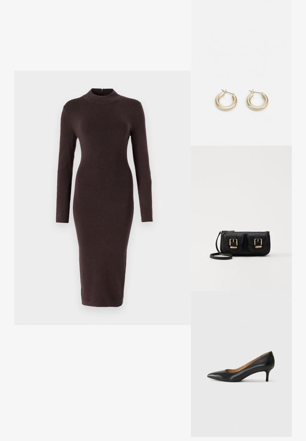 Rochie cu mâneci lungi și guler înalt, dintr-un material ribat puternic de culoare maro închis. Siluetă ajustată cu croială dreaptă și detaliu cu fermoar la spate.; Pantofii din piele neagră au vârful ascuțit, toc mic și o textură netedă. Au o deschidere ușoară în față și un hardware minim în spate.; Geantă neagră din piele, tip crossbody, cu două buzunare frontale, catarame aurii, închidere cu fermoar și o curea subțire. Suprafață texturată și formă rectangulară compactă.; Lauren Ralph Lauren BASIC SMALL HOOP - Cercei - gold-coloured