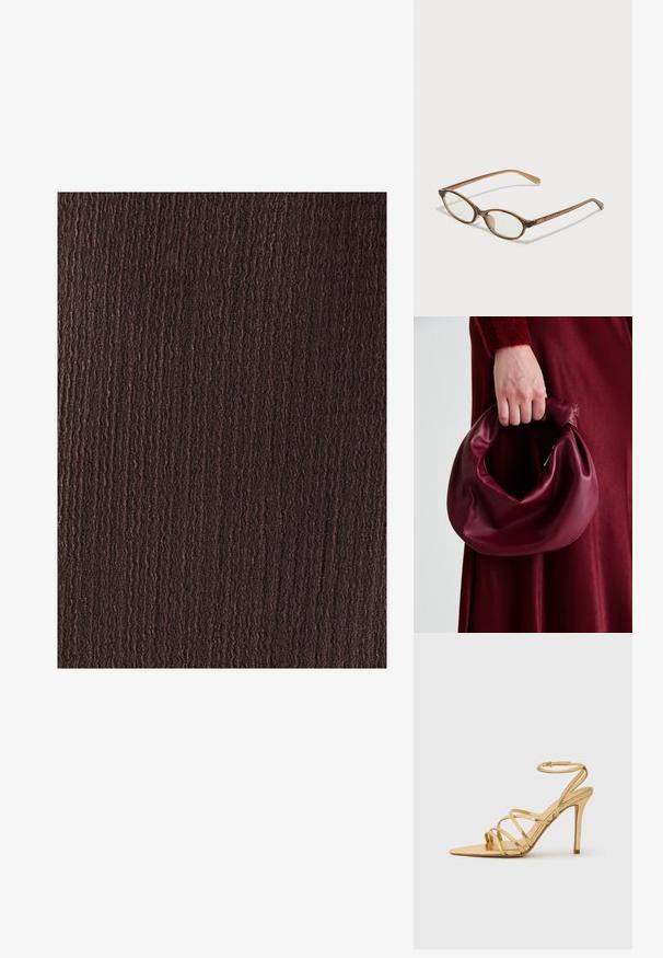 BWLDR ALIAS MIDI - Kotelomekko - chocolate; Kultaiset, remmillä varustetut korkokengät, joissa on teräväkärkinen malli, metallinhohto, hentoinen nilkkaremmi ja teksturoitu korko. Tyylikäs muotoilu, jossa on minimimaliset yksityiskohdat.; Ruskeat kilpikonnaruutulasiset silmälasit, joissa ovaalit linssit, ohuet varret ja läpinäkyvät yksityiskohdat. Temppeleissä on huomaamaton logo. Suunnittelultaan suora ja kevyt.; Burgundy-nahkakäsilaukku, jossa on pehmeä, ryppyinen muotoilu ja pyöreä muoto. Kahva on kiinnitetty tukevasti, ja siinä on sileä pinta.