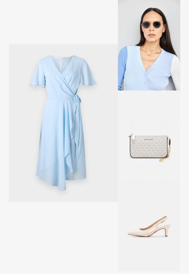 Ljusblå omlotklänning med korta vågiga ärmar, knytmidja och draperad nederkant, tillverkad av ett mjukt tyg för en flödande silhuett.; Vit slingbackklack med spetsig tå, slät ovandel, låg blockklack och sidoutskärning med justerbar spänne.; Runda solglasögon med mörka linser och guldramar. Modellen bär en ljusblå, ribbad cardigan med knappar och kontrasterande vita ärmar.; Michael Kors handledos i beige belagd kanvas med ett upprepande MK-logomönster, gyllene detaljer och ett avtagbart kedjehandtag.