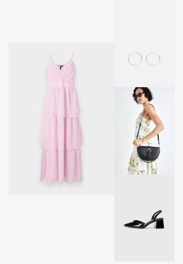 Rochie maxi roz, cu volane, cu bretele subțiri, featuring un decolteu înfășurat și un model cu buline, confecționată dintr-un material texturat și ușor.; Pantofi cu toc slingback din piele lacuită neagră, cu vârf ascuțit și toc geometric. Prezintă un design elegant, minimalist și o textură netedă.; Geantă din piele neagră, cu o formă curbată, curea detașabilă și accesorii aurii. Geanta are un capac cu un detaliu tip cataramă.; Cercei din argint cu un design elegant și rotund, având o suprafață netedă și fără embellismente vizibile. Diametrul nu este specificat.