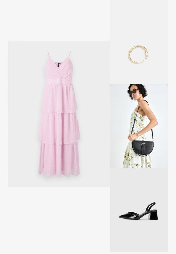 Rosa, tredelad maxiklänning med spaghettiband, med omslagstopp och prickenmönster i ett lätt, strukturerat tyg.; Svarta lackläder slingback klackar med spetsig tå och geometrisk klack. Har en elegant, minimalistisk design och slät yta.; Svart läderhandväska med en böjd form, avtagbar rem och guldiga detaljer. Väskan har ett lock med en spänndetalj.; Ring i guldutförande med en organisk, vriden design, slät yta och avsmalnande ändar, vilket ger ett modernt, skulpturalt utseende.
