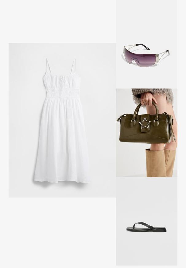 White maxi dress made of textured fabric, featuring thin adjustable straps, smocked waist, and a flowy skirt. Smooth, lightweight material.; Black flip-flop made of smooth leather, featuring a thin strap design and a flat sole with a minimal profile. No notable patterns or accents.; Sunglasses with a large, curved purple lens, silver metal accents, and black temples featuring a logo. Textured details on the frame are visible.; Olive green faux leather handbag with silver star accent, dual handles, and a zip closure. Textured surface and structured shape.