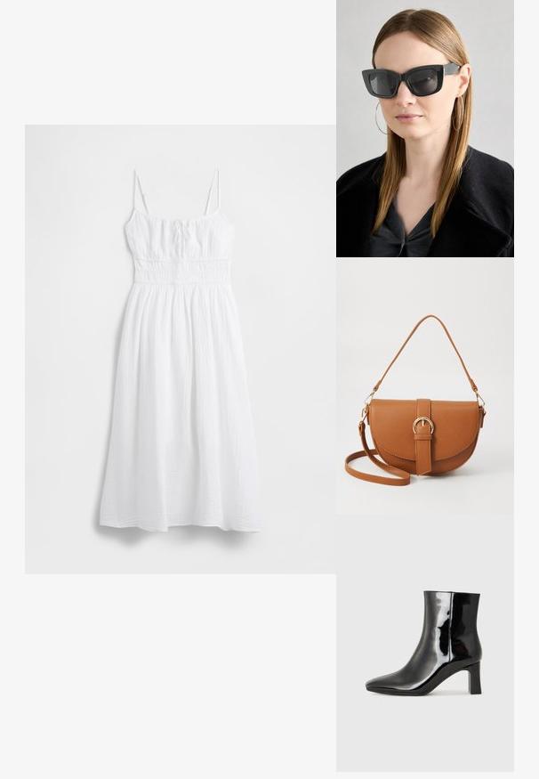 Bela maxi obleka iz teksturirane tkanine, z tankimi nastavljivimi naramnicami, nabrano pasom in tekočo krilno linijo. Gladek, lahek material.; Črne lakirane gležnjarje z ošiljenim nosom in srednje visokim blokastim peto. Gladka tekstura in minimalističen dizajn.; Črne mačje očala s temnimi lečami, debelimi okvirji in subtilnimi detajli. Oblečena z črnim plaščem in sivim zgornjim delom, z dolgimi ravnimi lasmi.; Rjava usnjena torbica prek telesa s ukrivljeno obliko, zlate opreme in sponko. Ima odstranljiv naramni trak.