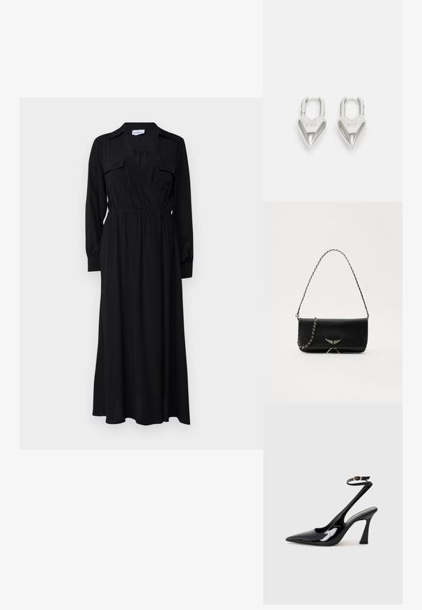 Marella LESSY - Maksikleit - nero; Mustad läikivad patendiga slingback-kõrged kontsad, millel on terav põlv ja reguleeritav pahkluu rihm, ning mõõdukas plokknukk. Sile tekstuur läikiva viimistlusega.; Mustvalge nahk käekott hõbedase ahelsanga ja dekoratiivsete tiivaaktsentidega, samuti valgete õmblustega alumises ühenduses.; Hõbedased südamekujulised lukuvidinad, millel on kohandatud "JAA" ja "EI" tekst, poleeritud viimistlus, sümmeetriline disain ja tugev metallist klamber.