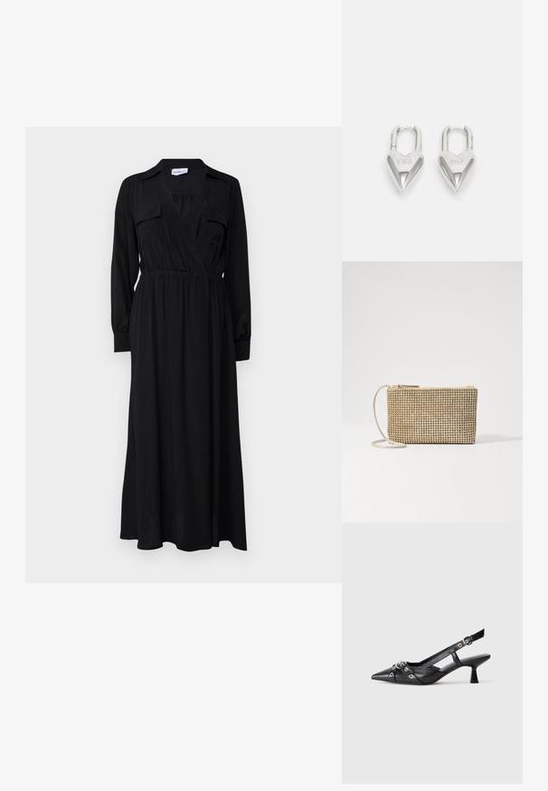 Marella LESSY - Maxikjoler - nero; Sort lædersandal med spids tå, dekorative stropper med metaløjer og en lav blokhæl. Struktureret overflade.; Loeffler Randall YASMINE FLAT CLUTCH - Skuldertasker - gold; Sølv hjerteformede hængelåse med indgraveret "JA" og "NEJ" tekst, poleret finish, symmetrisk design og en robust metalklap.