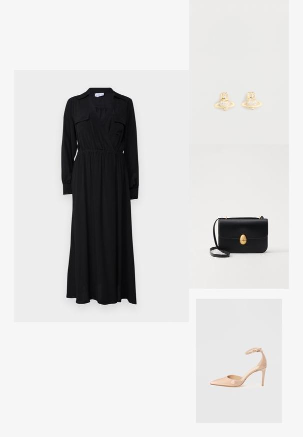 Marella LESSY - Rochie maxi - nero; Pantof nude din piele lacuită, cu vârf ascuțit, curea la gleznă și toc stiletto, având o textură netedă și un design minimalist.; Geantă de mână din piele neagră, cu o formă rectangulară structurată. Are un capac oval auriu și o curea subțire pentru umăr. Textură netedă.; Cercei cu tije de ton auriu, având un design inspirat de Saturn, cu o bandă texturată și cristale circulare încorporate pentru un plus de strălucire.