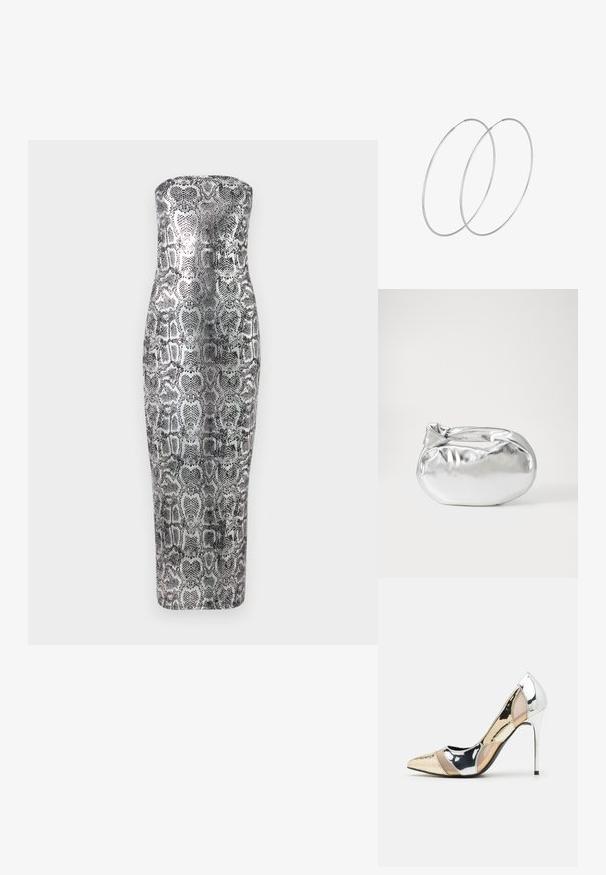 Bezdianė midi suknelė su gyvačių raštu, pasižyminti prigludusia siluetu, sklandžia tekstūra ir metaliniais sidabro bei juodos atspalviais.; Aštrus pirštas aukštakulnis batelis su sidabro, aukso ir nuogų spalvų deriniu. Blizgus paviršius su išpjovos dizainu, su stiletto kulnu.; Sidabrinė metalinė maišelio forma su švelnia, apvalia forma ir mazgu užveriamu viršumi. Pagaminta iš lygios dirbtinės odos medžiagos.; Sidabrinės pusmėnulio auskarai minimalistiniu dizainu. Apskritimo forma, lygus paviršius ir plonas profilis. Lengvi su poliruotu apdailu.