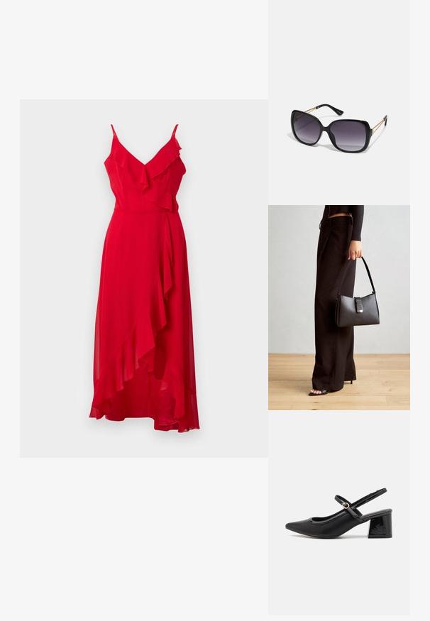 Červené šaty po zem s tenkými ramienkami a volánkovými detailmi. Ľahká tkanina s asymetrickým lemom a jemnou textúrou.; Čierne lakované kožené lodičky so slingback dizajnom, špicatou špičkou, zaobleným výrezom a blokovým podpätkom. Obsahuje akcent zlatého tónu s prackou.; Čierne oversized slnečné okuliare s gradientovými sklíčkami, hrubými rámami a zlatým retiazkovým detailom na stranách.; Čierna kabelka so štruktúrovaným tvarom, hladkou textúrou a kovovou sponou. V kombinácii so širokými čiernymi nohavicami a sandálmi s otvorenou špičkou na drevenej podlahe.