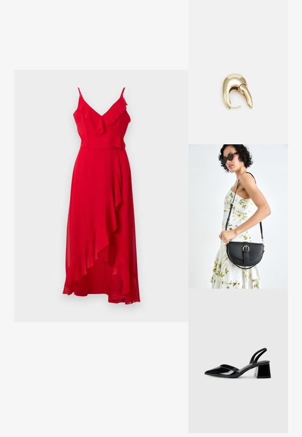 Raudona, iki žemės ilgio suknelė su spaghetti dirželiais ir pūkuotomis detalėmis. Lengvas audinys, asimetrinė apačia ir švelni tekstūra.; Juodos lakuotos odinės šlepetės su smailiu pirštu ir geometriniu bloko kulnu. Turi elegantišką, minimalistinį dizainą ir lygų paviršių.; Juodas odinis krepšys su išlenkta forma, nuimamu dirželiu ir auksiniais detalėmis. Krepšys turi kilpą su sagtimi.; Aukso tono metalinės auskarai su stilingu, kreiviu dizainu. Išsiskiria ryškiu smailiu pavidalu, poliruota paviršiumi ir užsegimu su vyriu.