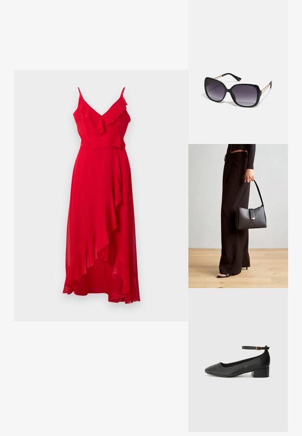 Sarkans grīdas garuma kleita ar spageti siksnām un ruffle detaļām. Viegls audums ar asimetrisku apakšmalu un mīkstu tekstūru.; Melnas ādas sūkņi ar smailu purngalu un zemu bloku papēdi. Iezīmēts ar potītes siksniņu ar zelta krāsas sprādzi. Gluda tekstūra.; Melni pārmērīgi lieli saulesbrilles ar gradāciju lēcām, biezām rāmja malām un zeltainas krāsas ķēžu detaļām uz tempļiem.; Melnā somiņa ar strukturētu formu, gludu tekstūru un metālu sprādzi. Saskaņota ar platām melnām biksēm un sandālēm ar atvērtu purngalu uz koka grīdas.