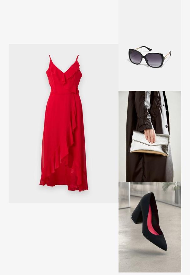 Vestido vermelho, até ao chão, com alças finas e detalhes em babados. Tecido leve com uma bainha assimétrica e textura suave.; Sapato de salto alto preto com bico puntiagudo, superfície texturizada e um interior vibrante em rosa. Apresenta um salto grosso com detalhe em prata.; Óculos de sol oversized pretos com lentes degradê, armações grossas e detalhes em corrente dourada nas hastes.; Clutch metálica prateada com um design de envelope angular, textura suave e cor interior contrastante, segurada numa mão que veste um casaco preto.