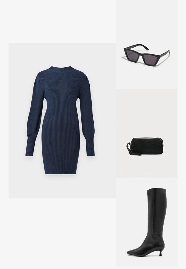 Robe en tricot côtelé bleu marine avec des manches longues, un col rond et une silhouette ajustée, présentant une texture subtile et une longueur au-dessus du genou.; Zign Bottes - black; Lunettes noires angulaires avec des verres gris ; fabriquées en plastique, avec des branches épaisses à la surface lisse et sans matériel visible.; Pochette en daim noir avec une fermeture éclair et une bandoulière amovible. Dotée de quincaillerie dorée et d'une texture lisse et mate.
