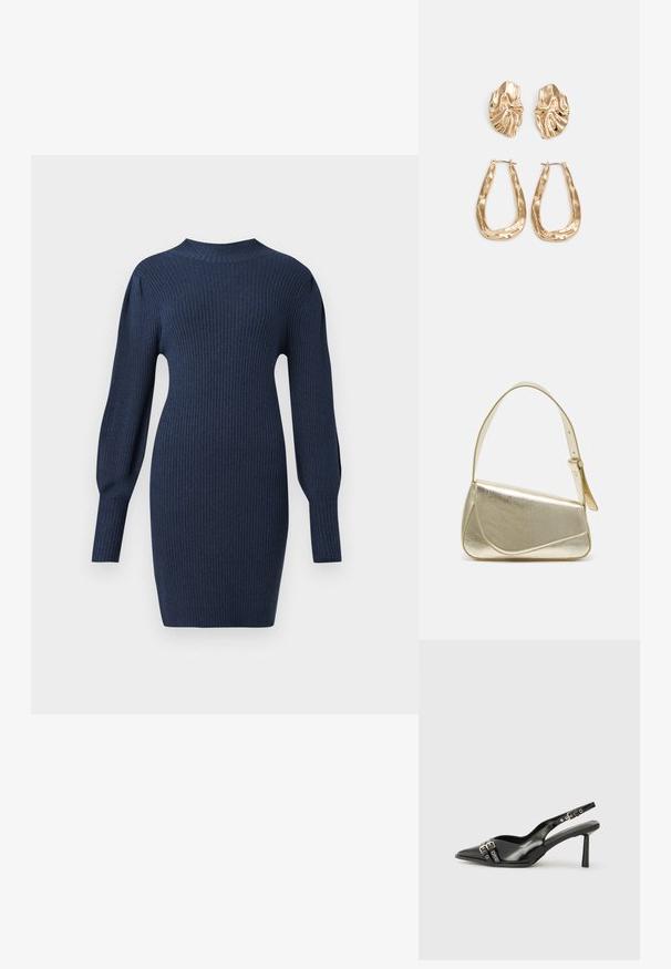 Tengerész kék bordás kötött ruha hosszú ujjal, kerek nyakkivágással és testhezálló siluettel, finom textúrával, amely térd felett végződik.; Fekete lakk bőr, hegyes orrú slingback cipő, boka pántokkal, ezüst csatokkal és hardverelemekkel, valamint karcsú sarkú.; Arany fémes kézi táska, strukturált dizájnnal, sima felülettel és állítható pánttal. Egyedi háromszög alakú, minimalistának mondható varrásokkal rendelkezik.; Aranyszínű fülbevalók, texturált, hullámos formákkal. Tartalmazza a szobrászati klipszes studokat és az open hoop kialakítást, kalapácsos felülettel.