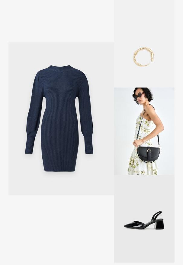 Vestido de punto ribeteado en marino con mangas largas, escote redondo y silueta ajustada, que presenta una textura sutil y una longitud por encima de la rodilla.; Zapatos de tacón slingback de charol negro con punta afilada y tacón geométrico en bloque. Presentan un diseño elegante y minimalista, así como una textura suave.; Bolso de piel negra con forma curva, correa desmontable y herrajes dorados. El bolso cuenta con una solapa con un detalle de hebilla.; Anillo en tono dorado con un diseño orgánico y retorcido, con una textura suave y extremos cónicos, creando una apariencia moderna y escultórica.