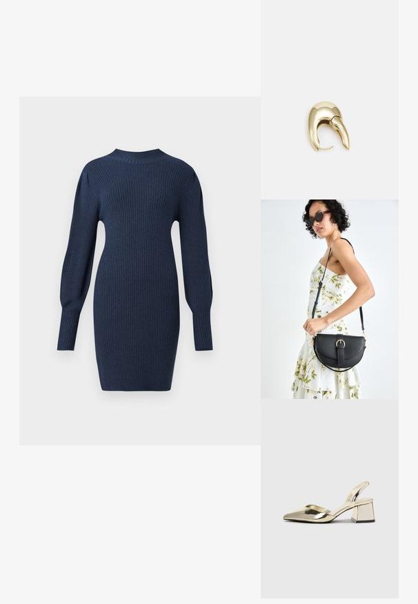 Merine ribade kudumkleit pikkade varrukatega, ümar kaelus ja keha lähedane siluett, millel on pehme tekstuur ja põlve kõrgune pikkus.; Kuldne, metallilised slingback-kudumid terava varba ja paksu kontsaga. Sile tekstuur, minimalistlik disain ja kitsas rihm.; Mustmust mustraha kõverate joontega, eemaldatava rihmaga ja kuldsete detailidega. Kotil on klapp, millel on pandladetail.; Kuldtooni metallist kõrvarõngas, millel on elegantne ja kaarjas disain. Omab silmapaistvat teravat kuju, poleeritud pinda ja hingesulgemist.