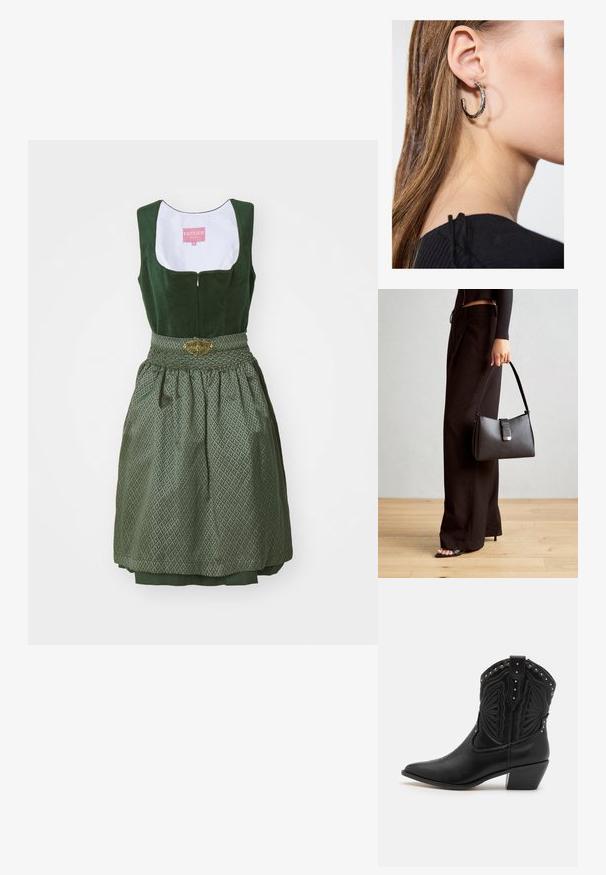 Krüger Dirndl Dirndl - dunkelgrün; Black leather cowboy boots featuring pointed toes, decorative stitching, and metal studs along the top. Stacked heel and textured finish.; Black handbag with structured shape, smooth texture, and a metallic clasp. Paired with wide black pants and open-toe sandals on wooden floor.; Silver hoop earring with a polished finish, featuring small gold accent details and a round shape, worn on the lobe.