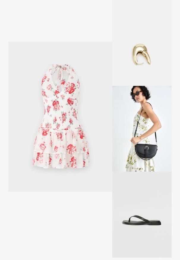 Cvjetna halter haljina koja se sastoji od bijele tkanine s crvenim i zelenim uzorcima cvijeća, smučanom korzetom i višeslojnim volanima na rubu.; Crne japanke od glatke kože, s tankim remenčićem i ravnim potplatom minimalističkog profila. Bez značajnih uzoraka ili akcenata.; Crna kožna torba s lukovitim oblikom, odvojivim remenom i zlatnim detaljima. Torba ima preklop s kopčom.; Zlatne metalne naušnice s elegantnim, zakrivljenim dizajnom. Imaju karakterističan šiljast oblik, poliranu površinu i zatvaranje na šarku.