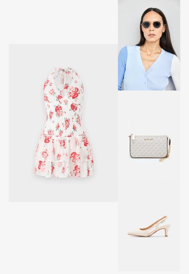 Kvetinové šaty na ramienkach so strihaním z bielej látky s červenými a zelenými vzormi kvetov, smockovaným telom a vrstveným volánovým lemom.; Biele slingback topánky na podpätku s ostrou špičkou, hladkým vrchným materiálom, nízkym blokovým podpätkom a bočným výrezom s nastaviteľným remienkom na pracku.; Okrúhle slnečné okuliare s tmavými šošovkami a zlatým rámom. Modelka má na sebe svetlomodrý pletený kardigán s gombíkmi a bielymi rukávmi v kontraste.; Michael Kors zápästná taška v béžovej potiahnutej plátenej tkanine s opakujúcim sa vzorom loga MK, zlatým kovania a odnímateľným reťazovým popruhom.
