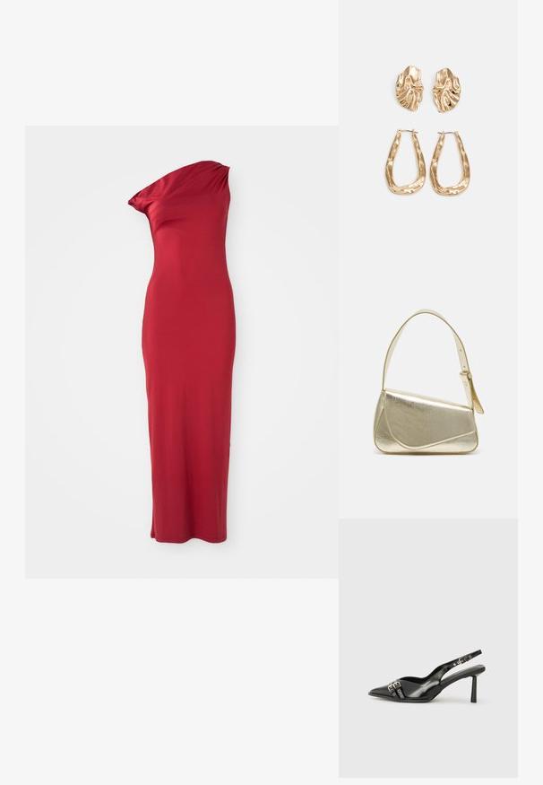 Sarkans, ceļgala garuma kleita ar vienas pleca dizainu. Izgatavota no gluda, elastīga auduma. Iezīmēta ar pieguļošu siluetu un drapētu dekoltē.; Melnā patentēta ādas sandale ar norādītu purngalu, potītes siksniņām ar sudraba sprādzēm un aparatūru, kā arī smalku papēdi.; Zelta metāla somiņa ar strukturētu dizainu, gludu tekstūru un regulējamu siksniņu. Iezīmējas ar unikālu trīsstūrveida formu un minimālistisku šuvumu.; Zelta krāsas auskari ar teksturētām, viļņotām formām. Iekļauts skulpturāls piespraužams modelis un atvērta gredzenveida konstrukcija ar izsistām virsmām.