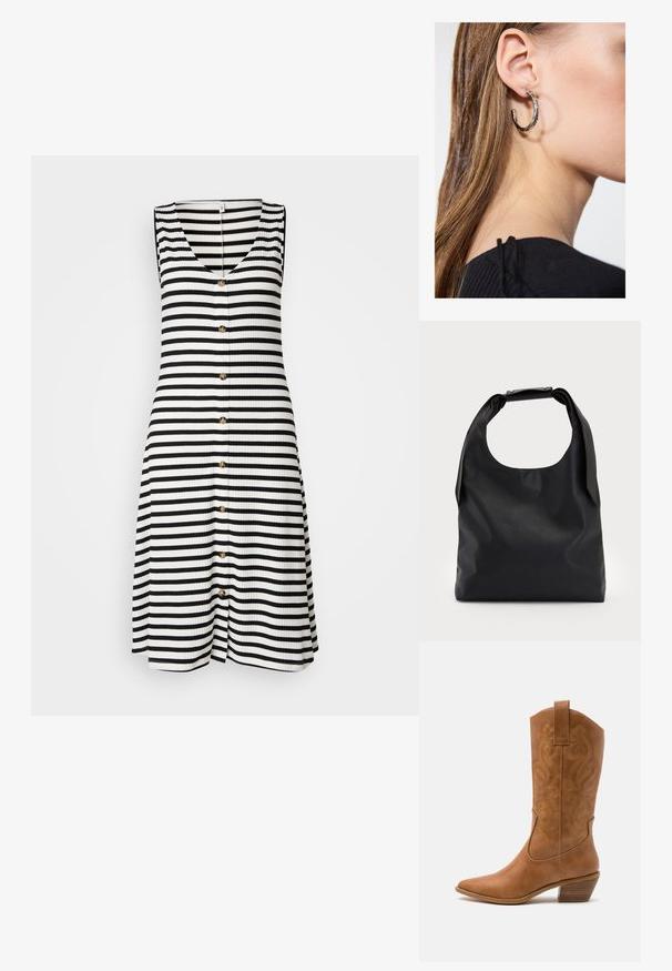Randig ärmlös klänning i svart och vitt, med V-hals, ribbad textur och sju guldknappar fram.; Bruna lädercowboystövlar med spetsig tå, broderade virvelmönster på skaftet och en staplad blockklack. Har en dragflik för enkel påtagning.; Svart läderhandväska med en stor öppen topp och en enkel axelrem. Mjuk textur, minimalistisk design, med subtila metallaccenter.; Silverörhänge med polerad yta, med små detaljer i guld och rund form, bärs på loben.