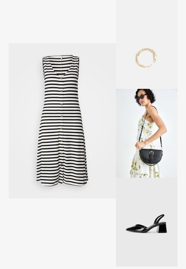 Prugasta brezrokavna obleka v črni in beli barvi, z V-izrezom, ribasto teksturo in sedmimi zlatimi gumbi spredaj.; Črne lakirane slingback pete s koničastim nosom in geometrijsko blokasto peto. Imajo eleganten, minimalističen dizajn in gladko teksturo.; Črna usnjena torbica s ukrivljeno obliko, z odstranljivo naramnico in zlatimi dodatki. Torbica ima pokrov s podrobnostmi v obliki zaponke.; Zlati prstan s organskim, zvitim dizajnom, gladko površino in taperiranimi konci, ki ustvarja modernega, skulpturalnega videza.