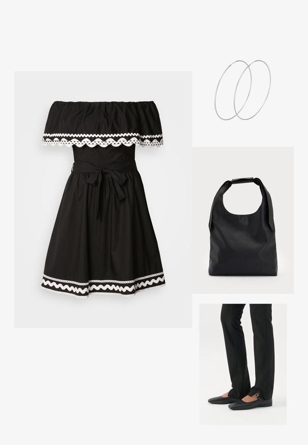 Melnā kleita bez piedurknēm ar viļņotu apkakli, baltiem viļņotiem apmalēm, pieguļoša josta un izplestais svārku ar saitīti.; Melni ādas baleta zābaki ar smailo purngalu, siksniņa ar sudraba sprādzi, kombinēti ar melniem tailētiem biksēm ar šķēluma apakšdaļu.; Melna ādas hobo soma ar vienu mīkstu, noapaļotu rokturi; tai ir gluda virsma un minimālistisks dizains. Nav redzamu metāla detaļu vai akcentu.; Sudraba gredzenveida auskari ar minimālistisku dizainu. Cirkulāra forma, gluda tekstūra un plāns profils. Vieglu svaru ar spīdīgu apdari.