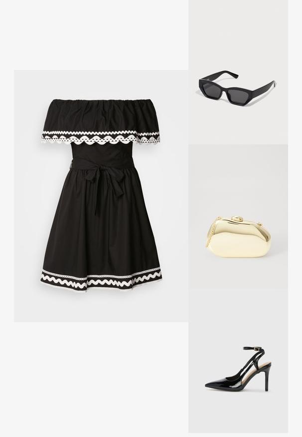 Rochie neagră, fără umeri, cu guler voluminos, dantelă albă, talie ajustată și fustă evazată cu un legământ.; Pantofii slingback din piele lăcuită neagră cu toc înalt, vârf ascuțit, brățară reglabilă la gleznă și părți laterale deschise. Textură netedă.; Ochelari de soare dreptunghiulari negri cu rame groase, lentile închise la culoare și design unghiular. Material din plastic neted, fără modele sau accente vizibile.; Clutch metalizat de culoare aurie, cu o formă netedă și rotundă, având un închizător tip buton în partea de sus și o curea mică pentru purtare.