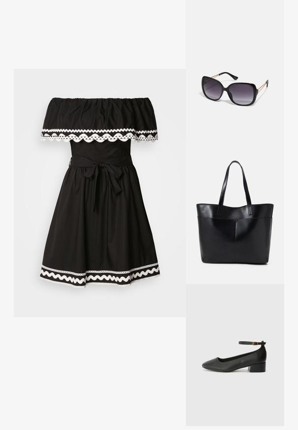 Mustmust õlgadelt kleit, millel on rippuv kaelus, valge laineline äär, kitsas vöökoht ja laiendav seelik, millel on lips.; Must mustaapp, millel on terav nina ja madal blokk-kand. Omab pahkluu rihma koos kuldse tooni pandlaga. Sile tekstuur.; Mustad ümarad päikeseglaasid, millel on gradient objektiivid, paksud raamid ja kuldse tooni kettaga kaunistused tempelitel.; Must mustaga musta nahast, millel on kaks pikka kanda, sile tekstuur ja struktureeritud kuju. Esipoolsel on lisakoti jaoks tasku.