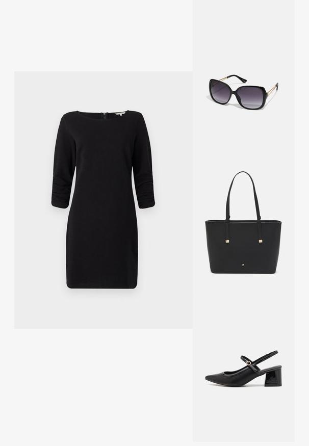 Črna obleka s tremi četrtinami rokavov, okroglo izrezano dekoltejem, teksturirano blago in zadrgo na hrbtu, ki nudi prileganje silhueti.; Črne patentne usnjene salonarce s slingback obliko, s koničastim nosom, zaobljenim izrezom in blok peto. Imajo zlato kovinsko zaponko kot dodatno okrasje.; Črne prevelike sončne očala z degradacijskimi lečami, debelimi okvirji in zlatimi verižicami na ročajih.; Črna torba iz sintetičnega materiala, preproste pravokotne oblike, z zlatimi kvadratnimi detajli in dvojnih ročajem.