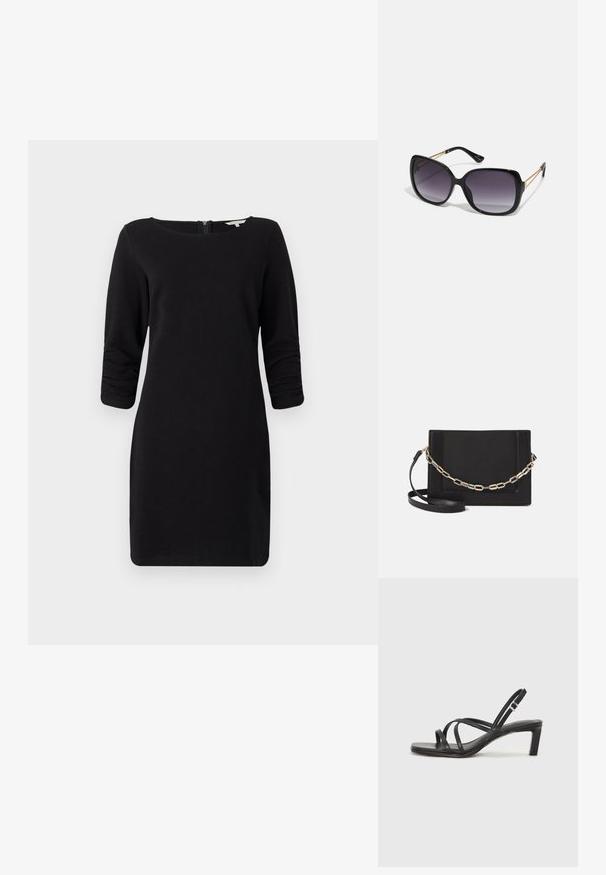 Czarna sukienka z rękawami trzyczwartowymi, dekoltem w serek, strukturą tkaniny oraz zamkiem błyskawicznym z tyłu, oferująca dopasowany fason.; Czarne sandały na obcasie z prostokątnym noskiem i niskim słupkowym obcasem. Posiadają wiele cienkich pasków i regulowany pasek na kostkę. Wykonane z gładkiej skóry.; Czarne oversize okulary przeciwsłoneczne z gradientowymi soczewkami, grubymi oprawkami i złotym łańcuszkiem na ramionach.; Czarna skórzana torebka typu crossbody z gładką teksturą, prostokątnym kształtem oraz metalowym detalem w postaci łańcuszka z przodu. W zestawie regulowany pasek.