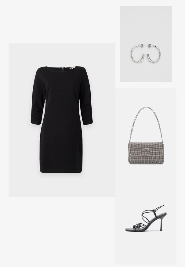 Fekete ruha háromnegyedes ujjal, kerek nyakkivágással, texturált anyagból és hátsó cipzárral, amely kiemeli az alakot.; Fekete magas sarkú szandálok vékony pántokkal, csomózott mintával, sima négyzetes orral és karcsú stiletto sarkal rendelkeznek.; Világosszürke fémes kézitáska lánc pánttal, kis kör alakú fém kifinomult díszítéssel és háromszög alakú márkagéppel.; Ezüst karika fülbevalók sima, fényes felülettel. Lekerekített forma, könnyű kialakítással, tűs zárómechanizmussal.