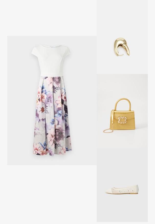 Hvit kortermet kjole med en tettsittende overdel og et flytende skjørt med blomstertrykk i pastellfarger, med folder og glidelås bak.; Spiss tå ballettleestøvel i kremfarget skinn med gjennomsiktig overdel som har spredte rhinestones. Myk såle for komfort, minimalistisk design.; Gul faux-krokodille veske med en strukturert design, toppen håndtak, avtagbar kjede stropp, og dekorativ krystallbortsettelse på låsen.; Gullfarget metalløredobber med et elegant, buet design. Har en karakteristisk spiss form, polert overflate og hengsel-lukking.