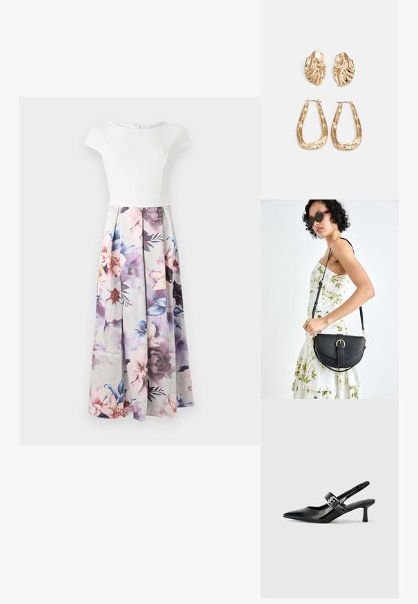 Fehér, rövid ujjú ruha, amelynek teste szabott, és egy lágy virágmintás szoknyája van pasztell színekben, pliszírozással és hátsó cipzáras záródással.; Fekete lakkbőr slingback sarkú cipők hegyes orral és kis blokk talppal, ezüst csat díszítéssel a pánton.; Fekete bőrtáska ívelt formával, levehető pánttal és arany színű fémrészekkel. A táskán egy csattal díszített fedél található.; Aranyszínű fülbevalók, texturált, hullámos formákkal. Tartalmazza a szobrászati klipszes studokat és az open hoop kialakítást, kalapácsos felülettel.