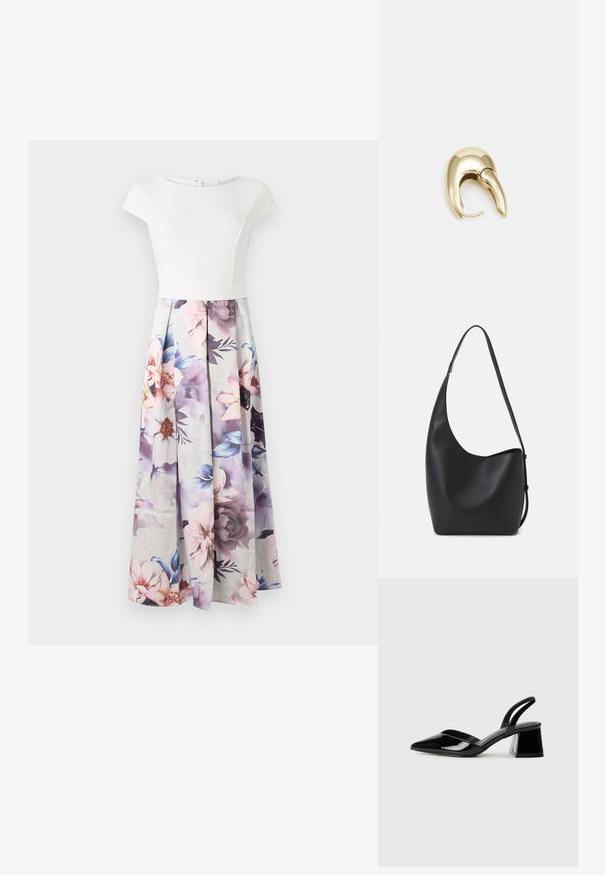 Balta trumpomis rankovėmis suknelė su prigludusia liemene ir laisvai krintančia gėlių rašto sijonu pastelinėmis spalvomis, išskiriama klostėmis ir užtrauktuku gale.; Juodos lakuotos odinės šlepetės su smailiu pirštu ir geometriniu bloko kulnu. Turi elegantišką, minimalistinį dizainą ir lygų paviršių.; Juodas odinis hobo maišas su lygiu paviršiumi, kreipta forma ir viena reguliuojama rankena; turi platų atidarymą viršuje.; Aukso tono metalinės auskarai su stilingu, kreiviu dizainu. Išsiskiria ryškiu smailiu pavidalu, poliruota paviršiumi ir užsegimu su vyriu.