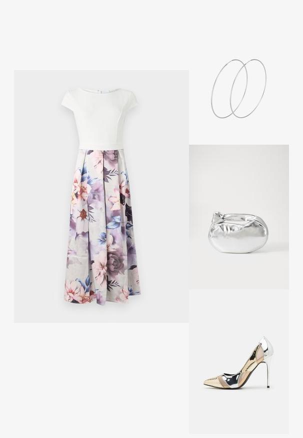 Bijela haljina s kratkim rukavima, pripijenog korpusa i lepršavom suknjom s cvjetnim uzorkom u pastelnim bojama, s naborima i zatvaranjem na patentni zatvarač straga.; Cipele s visokom potpeticom i špicastim vrhom u srebrnoj, zlatnoj i nude boji. Sjajan finiš s izrezbarenim dizajnom, s potpeticom u obliku stiletto.; Srebrna metalik torbica s mekim, zaobljenim oblikom i čvorastim zatvaranjem na vrhu. Izrađena od glatke sintetičke kože.; Srebrne okrugle naušnice s minimalističkim dizajnom. Kružni oblik, glatka tekstura i tanak profil. Lagane s poliranim završetkom.