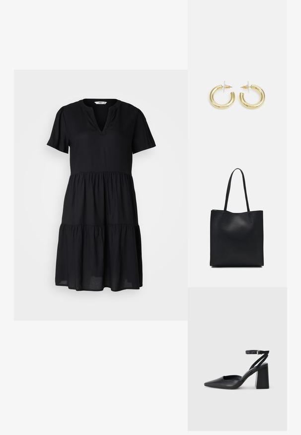 ONLY ZALLY LIFE S/S THEA PTM - Dnevna obleka - black; Črne usnjene klasične čevlje z ostrim nosom, z zaponko za gleženj in debelim peto. Ravna tekstura, eleganten dizajn in minimalistična estetika.; Črna usnjena torba s svilnato teksturo, pravokotne oblike in dvema dolgima ročajema. Brez vidnih metalnih delov ali okrasnih elementov.; Zlate uhane v obliki obročkov z gladko, sijočo površino. Krožna zasnova s majhnim nosilcem in prozornim podplatom za varno nošenje.