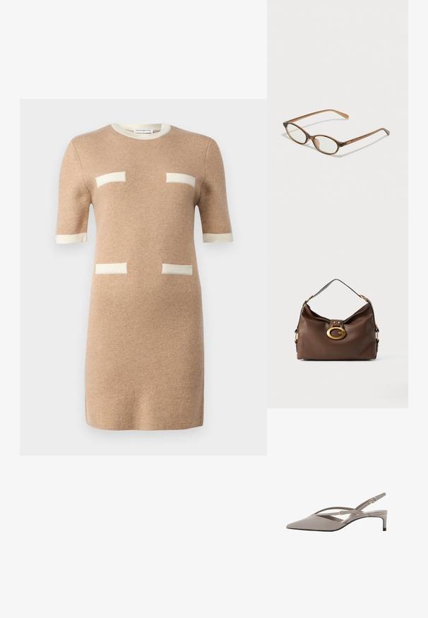 pure cashmere COLOR BLOCK SHORT SLEEVE DRESS - Strikkjoler - camel; Beige slingback hæle med spidse tæer, tynde krydsede stropper og en kort stiletto hæl. Glat stof med hardware i guld-tone.; Brune skildpaddemønstrede briller med ovale linser, tynde arme og gennemsigtige accenter. Har et diskret logo på stangen. Slankt, let design.; Brun lædertaske med struktureret finish, der har en guldfarvet lås og en enkelt, buet skulderrem.